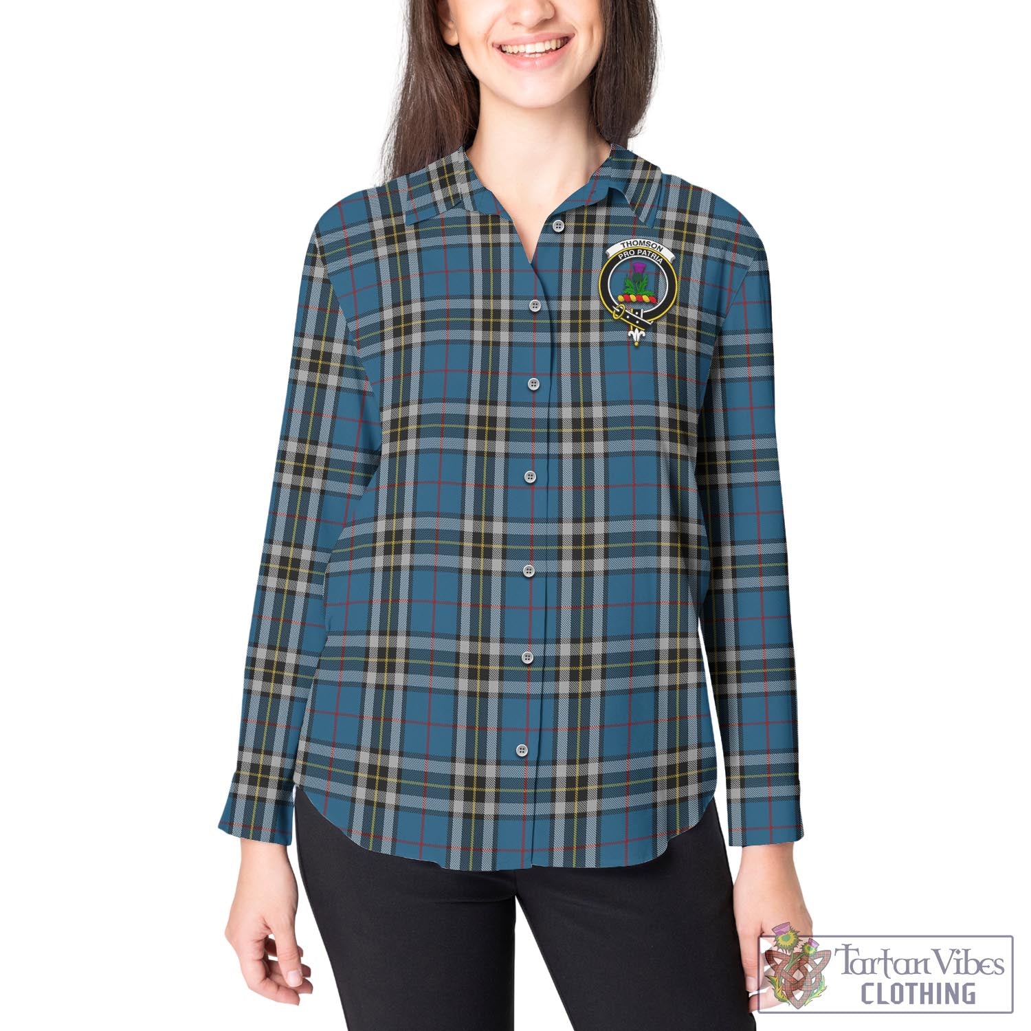 Tartan Vibes Clothing Thomson Dress Blue Tartan Womens Casual Shirt with Family Crest