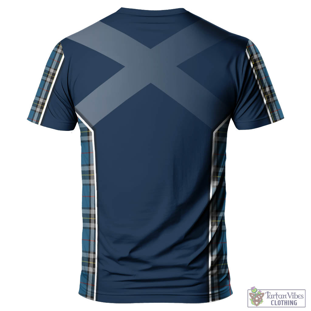 Tartan Vibes Clothing Thomson Dress Blue Tartan T-Shirt with Family Crest and Scottish Thistle Vibes Sport Style