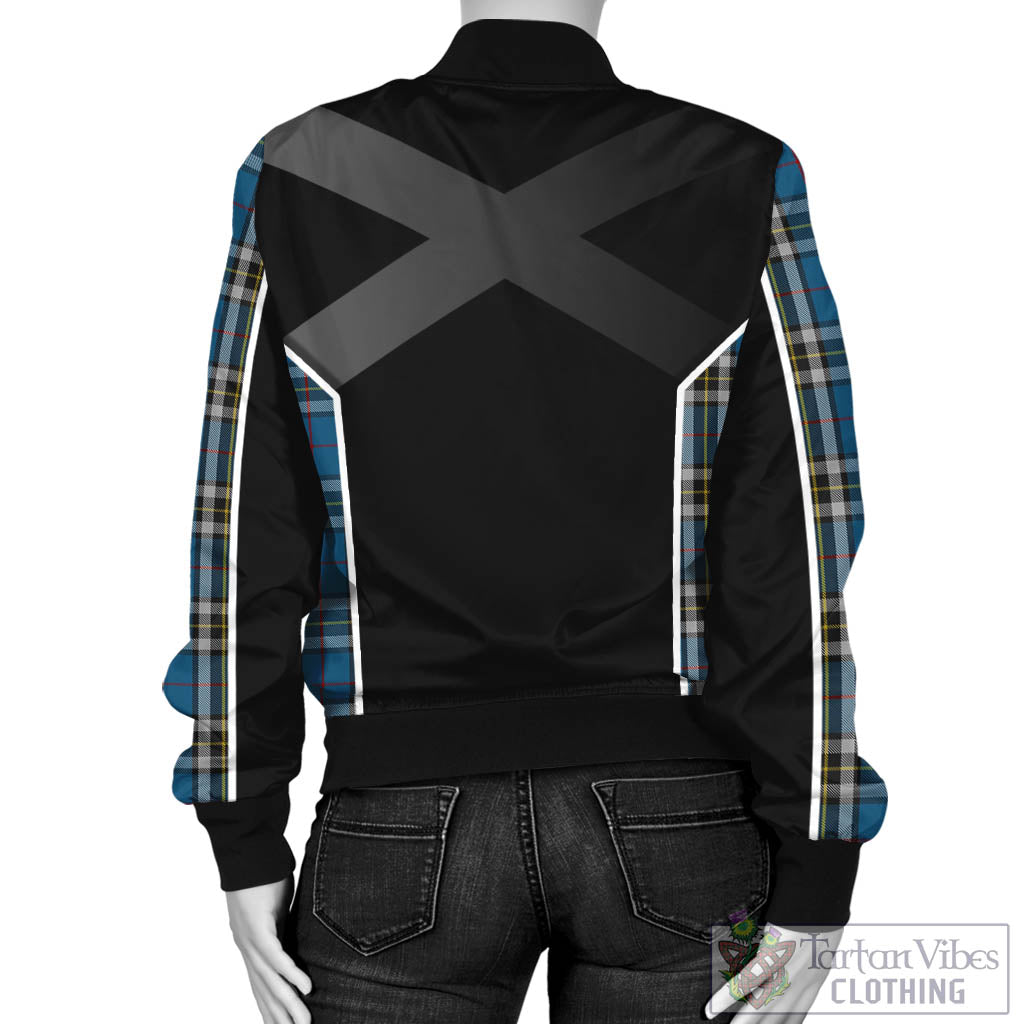 Tartan Vibes Clothing Thomson Dress Blue Tartan Bomber Jacket with Family Crest and Scottish Thistle Vibes Sport Style