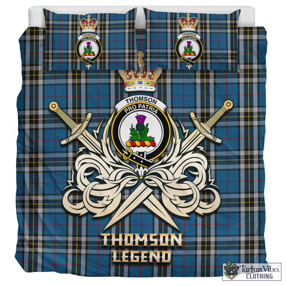 Tartan Vibes Clothing Thomson Dress Blue Tartan Bedding Set with Clan Crest and the Golden Sword of Courageous Legacy