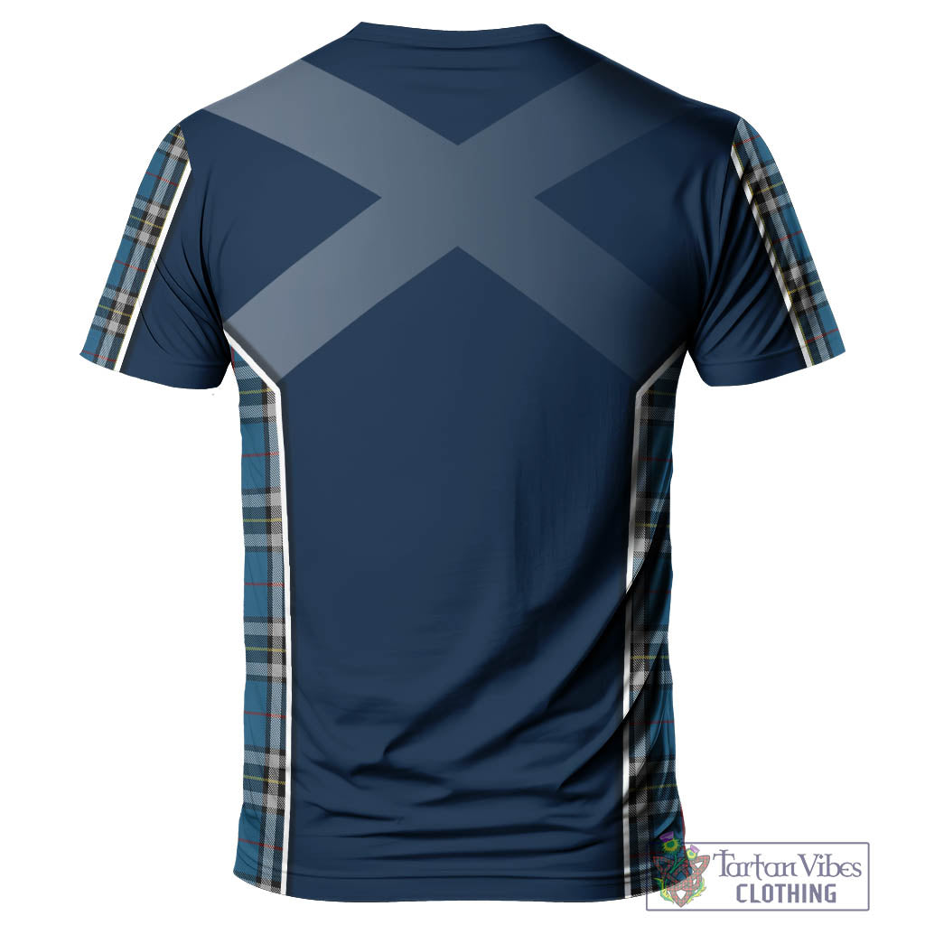 Tartan Vibes Clothing Thomson Dress Blue Tartan T-Shirt with Family Crest and Scottish Thistle Vibes Sport Style