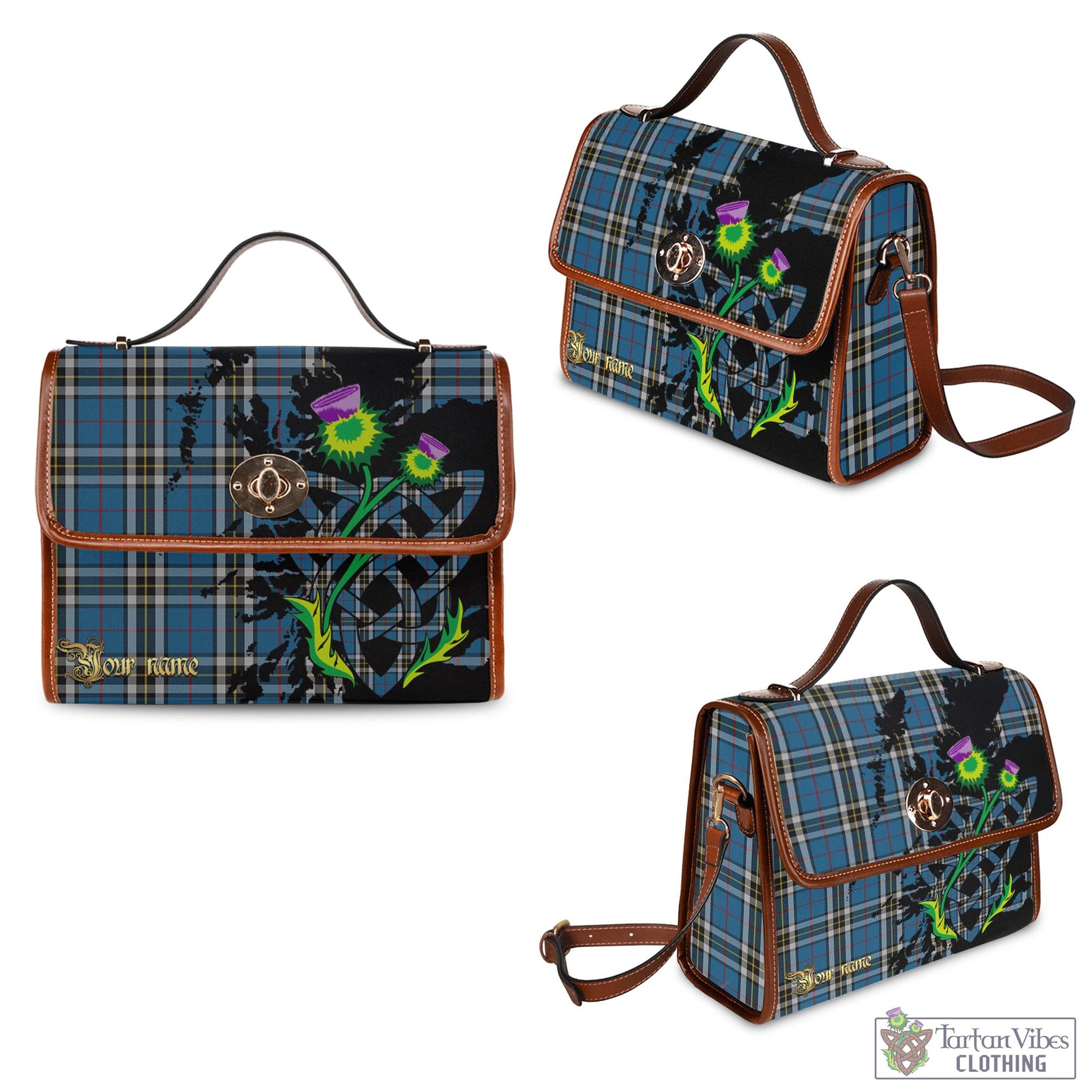 Tartan Vibes Clothing Thomson Dress Blue Tartan Waterproof Canvas Bag with Scotland Map and Thistle Celtic Accents