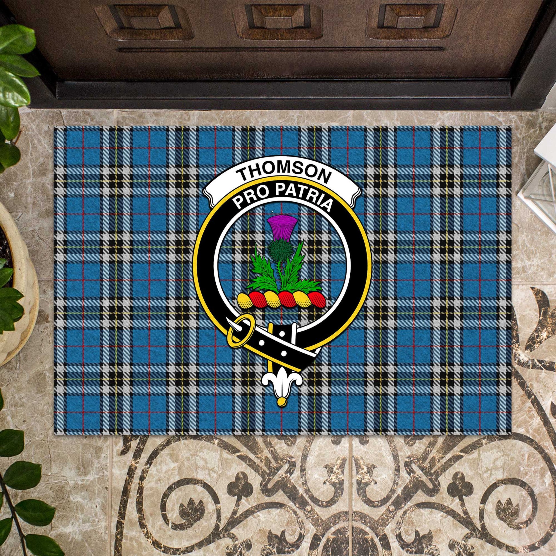 Thomson Dress Blue Tartan Door Mat with Family Crest - Tartanvibesclothing Shop