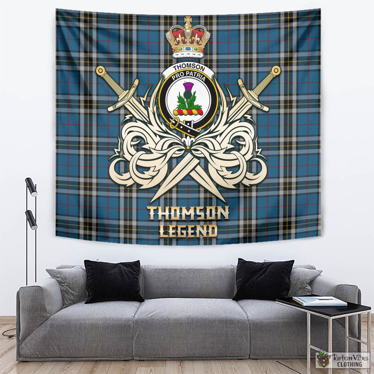 Tartan Vibes Clothing Thomson Dress Blue Tartan Tapestry with Clan Crest and the Golden Sword of Courageous Legacy