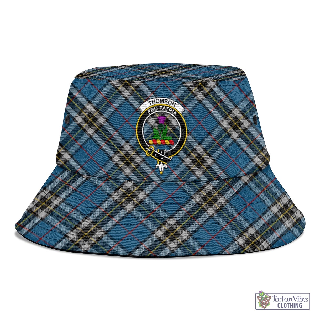 Tartan Vibes Clothing Thomson Dress Blue Tartan Bucket Hat with Family Crest