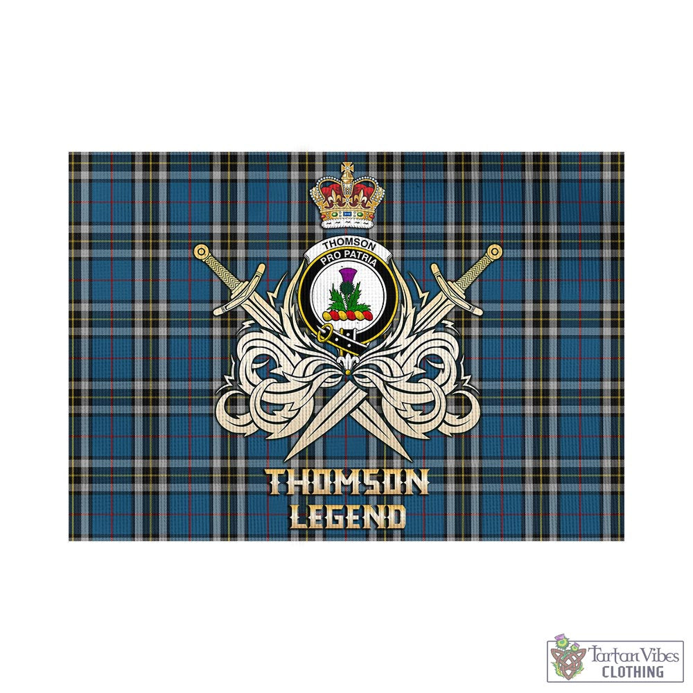 Tartan Vibes Clothing Thomson Dress Blue Tartan Flag with Clan Crest and the Golden Sword of Courageous Legacy