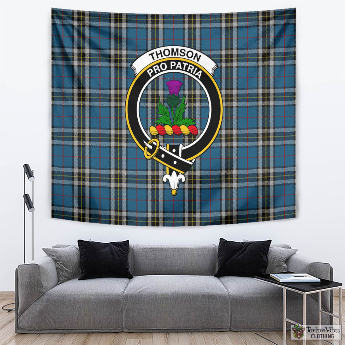 Tartan Vibes Clothing Thomson Dress Blue Tartan Tapestry Wall Hanging and Home Decor for Room with Family Crest