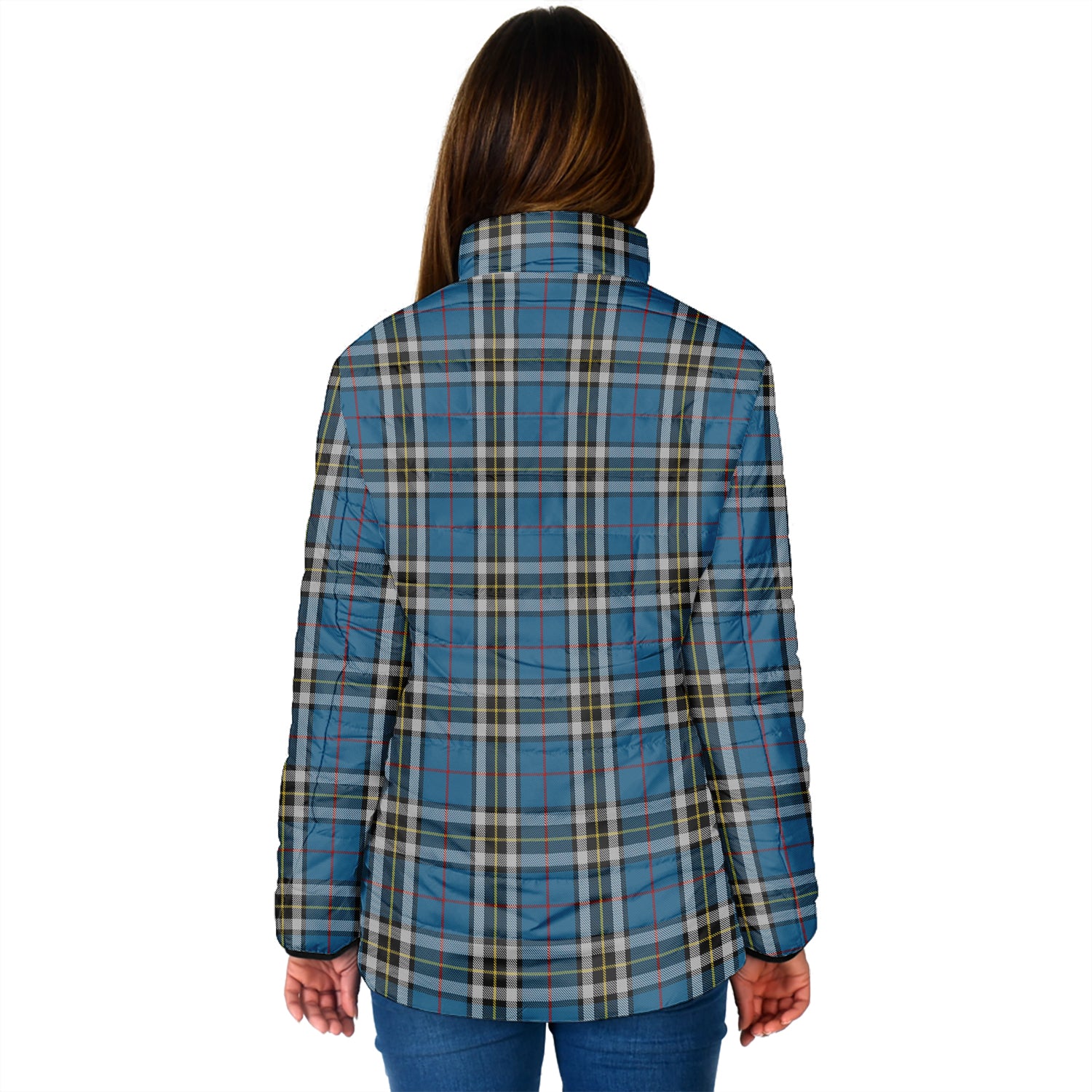 Thomson Dress Blue Tartan Padded Jacket with Family Crest - Tartan Vibes Clothing