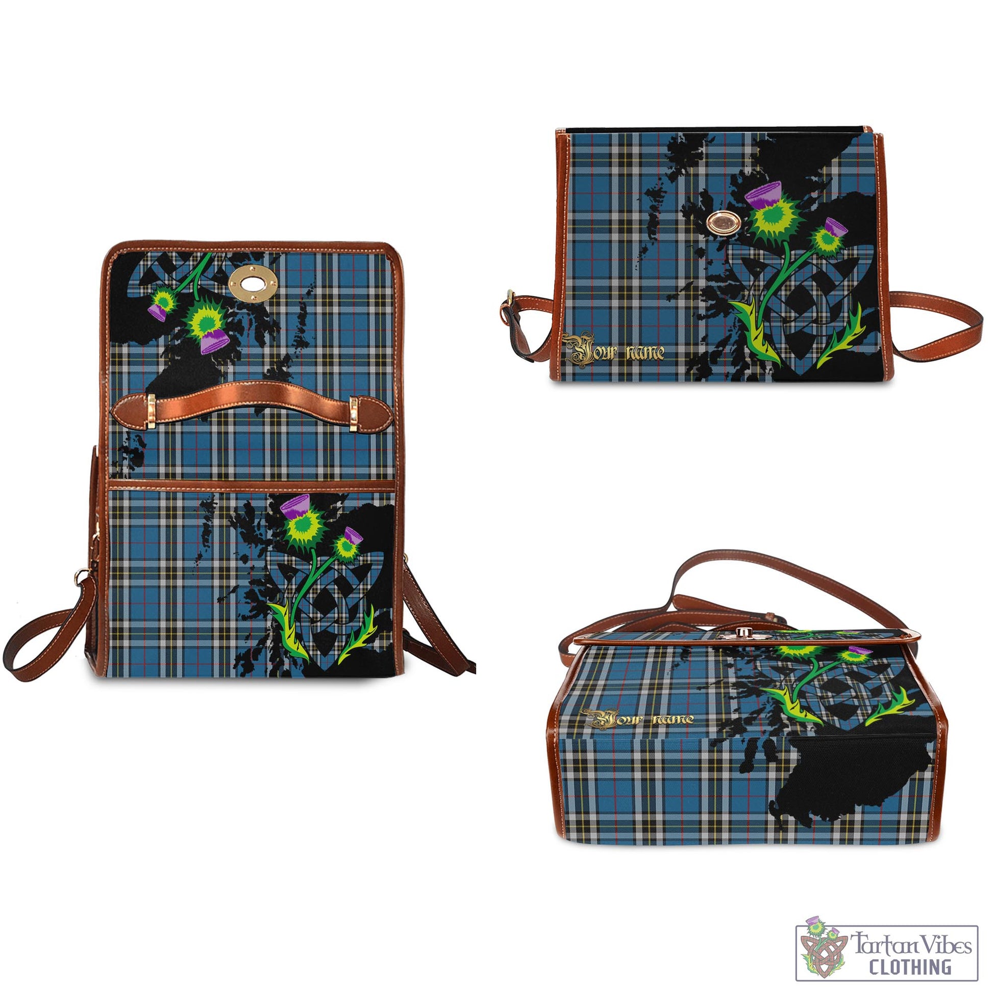 Tartan Vibes Clothing Thomson Dress Blue Tartan Waterproof Canvas Bag with Scotland Map and Thistle Celtic Accents