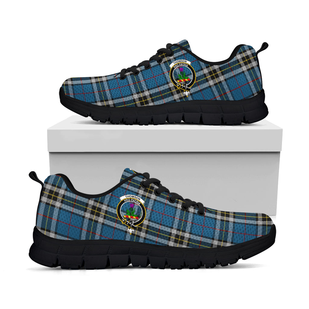 Thomson Dress Blue Tartan Sneakers with Family Crest - Tartan Vibes Clothing