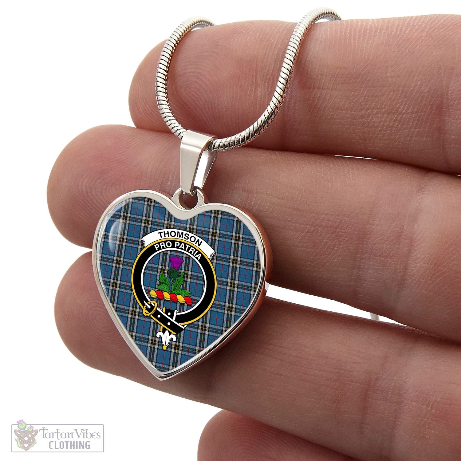 Tartan Vibes Clothing Thomson Dress Blue Tartan Heart Necklace with Family Crest