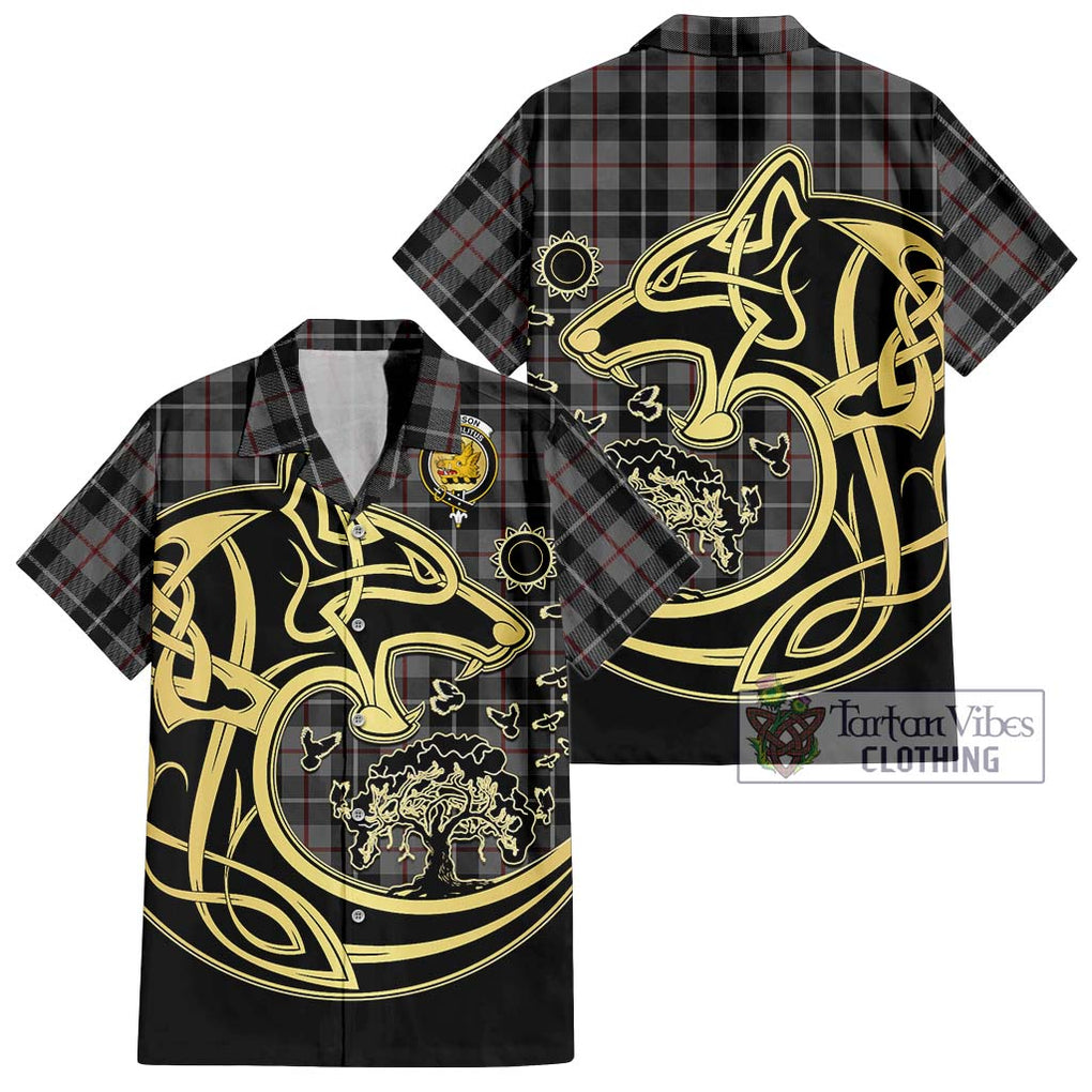 Thomson Grey Tartan Short Sleeve Button Shirt with Family Crest Celtic Wolf Style Kid - Tartan Vibes Clothing