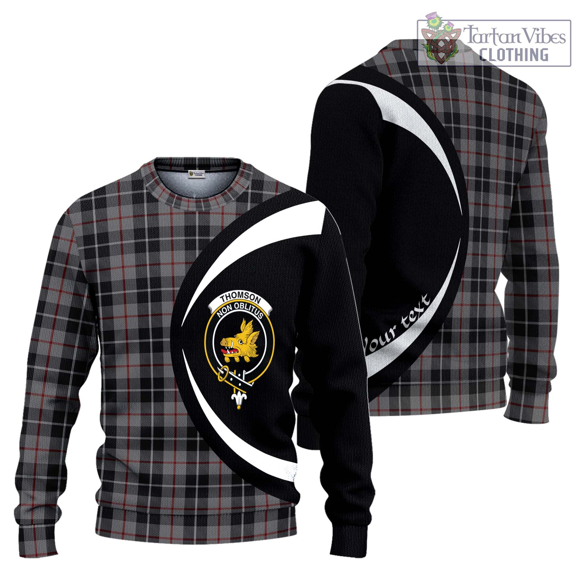 Thomson Grey Tartan Knitted Sweater with Family Crest Circle Style Unisex - Tartan Vibes Clothing