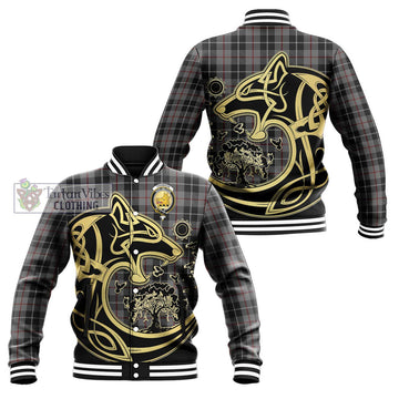 Thomson Grey Tartan Baseball Jacket with Family Crest Celtic Wolf Style