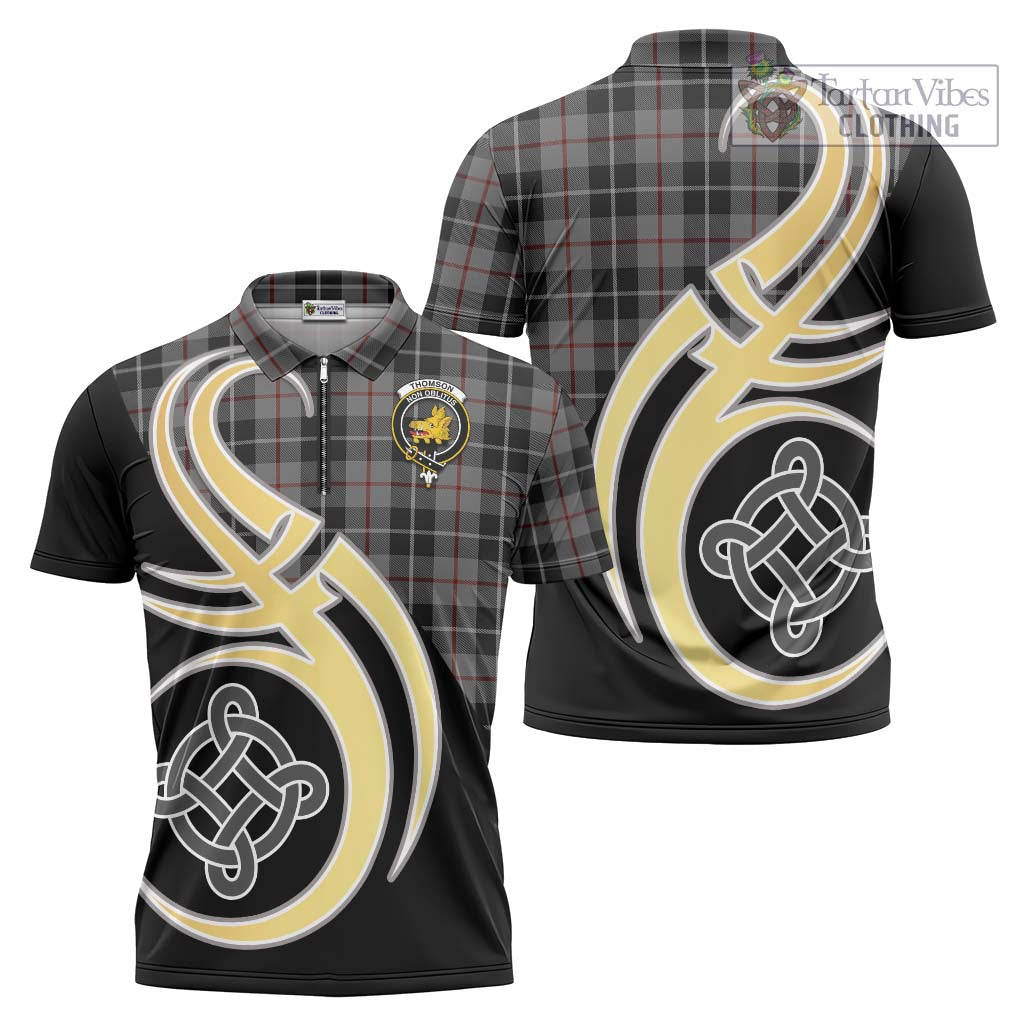 Tartan Vibes Clothing Thomson Grey Tartan Zipper Polo Shirt with Family Crest and Celtic Symbol Style