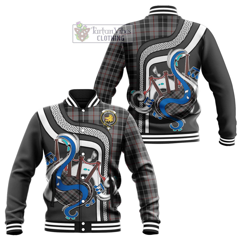 Tartan Vibes Clothing Thomson Grey Tartan Baseball Jacket with Epic Bagpipe Style