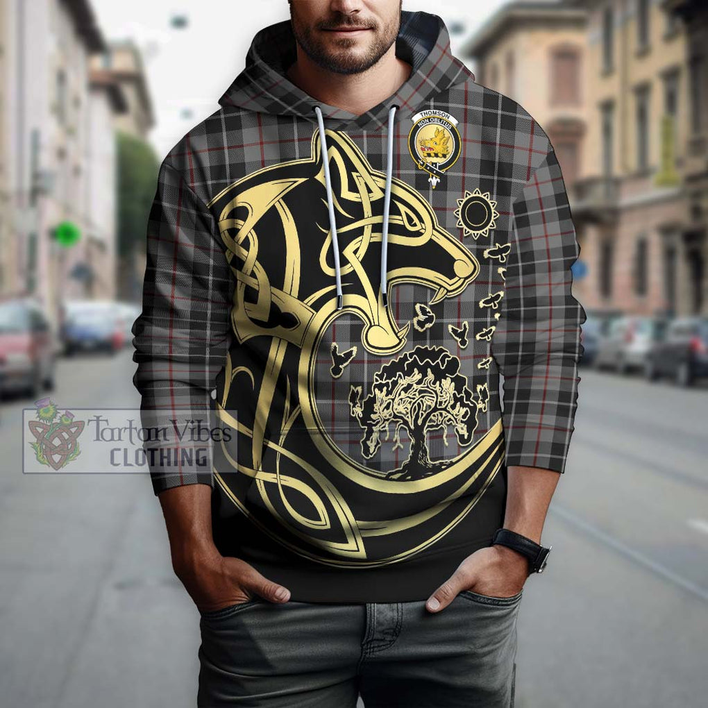 Thomson Grey Tartan Hoodie with Family Crest Celtic Wolf Style Zip Hoodie - Tartan Vibes Clothing