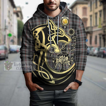 Thomson Grey Tartan Hoodie with Family Crest Celtic Wolf Style