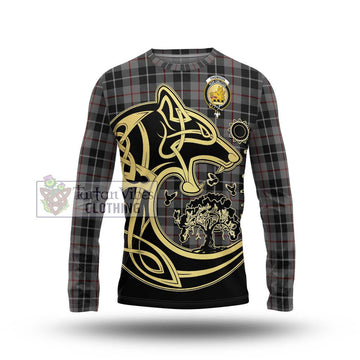 Thomson Grey Tartan Long Sleeve T-Shirt with Family Crest Celtic Wolf Style