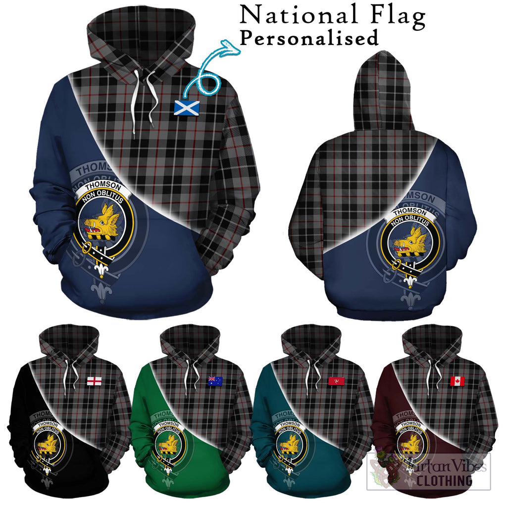 Thomson Grey Tartan Hoodie with Personalised National Flag and Family Crest Half Style Zip Hoodie - Tartanvibesclothing Shop