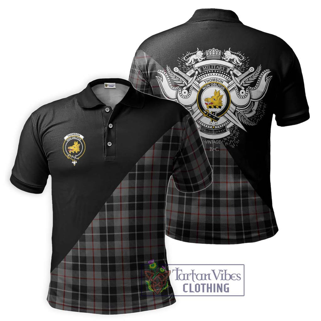 Thomson Grey Tartan Polo Shirt with Family Crest and Military Logo Style Kid - Tartanvibesclothing Shop