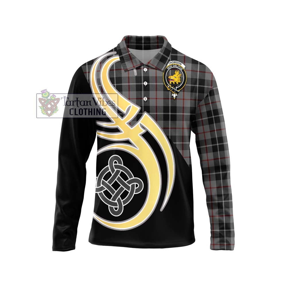 Thomson Grey Tartan Long Sleeve Polo Shirt with Family Crest and Celtic Symbol Style Unisex - Tartan Vibes Clothing