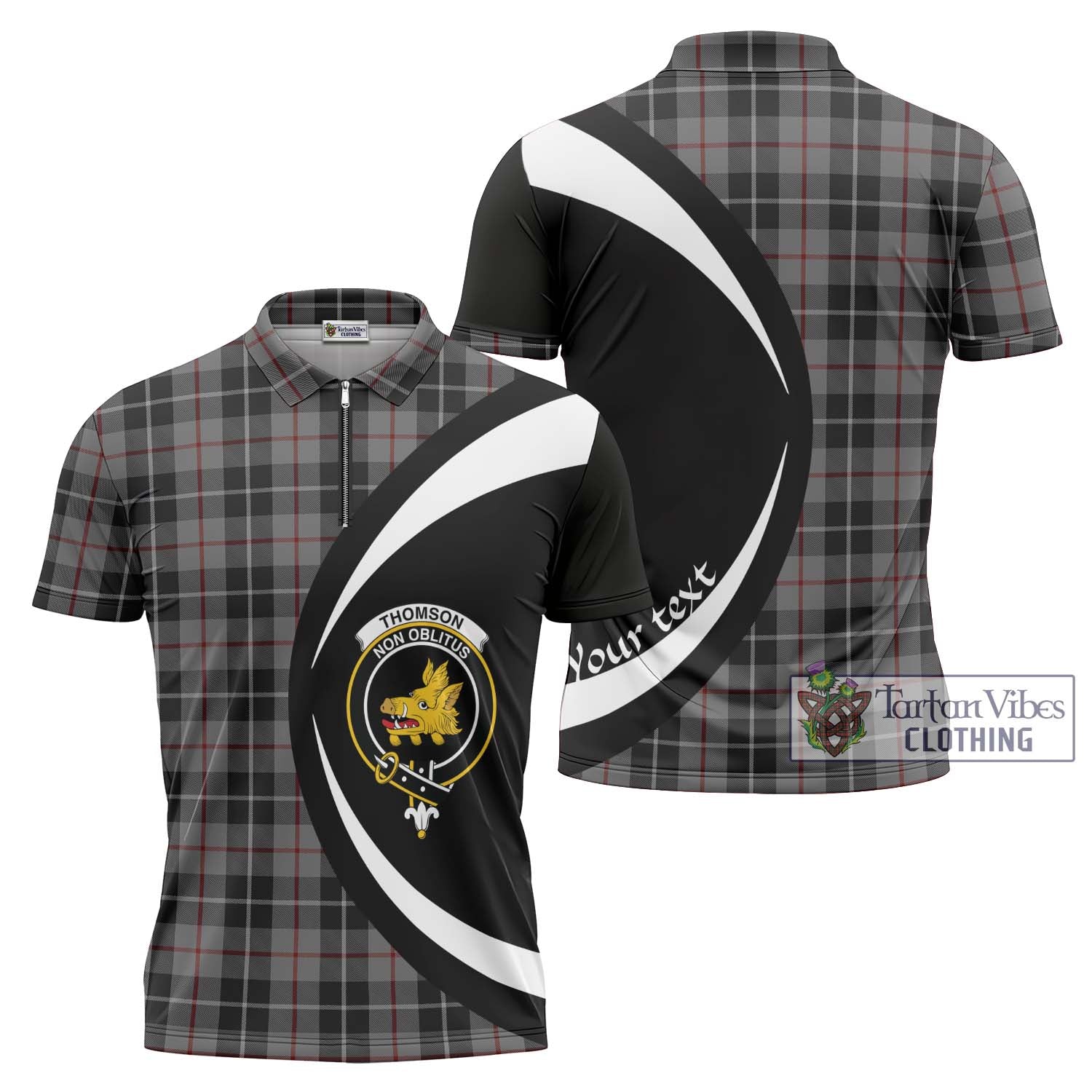 Thomson Grey Tartan Zipper Polo Shirt with Family Crest Circle Style Unisex - Tartan Vibes Clothing