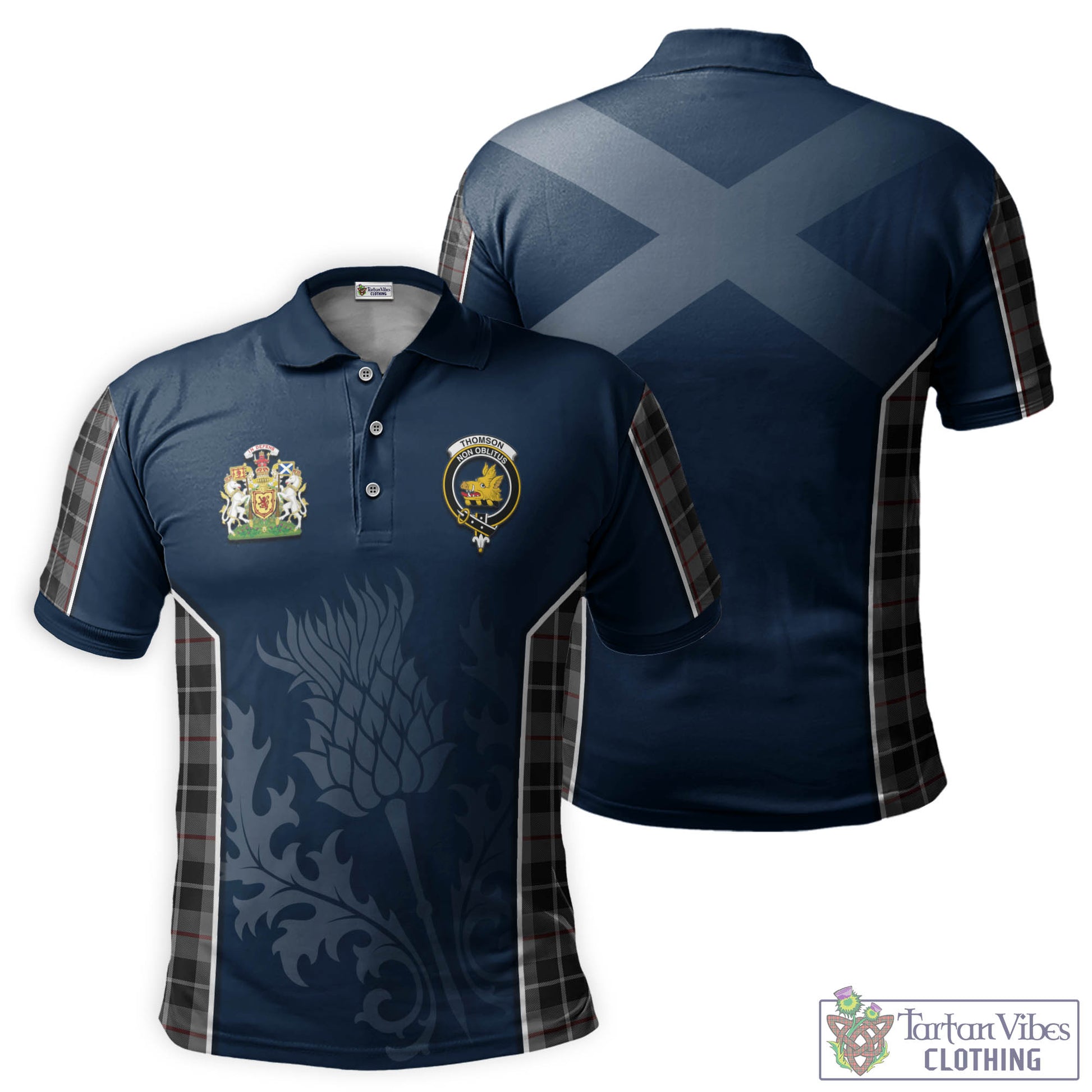 Thomson Grey Tartan Men's Polo Shirt with Family Crest and Scottish Thistle Vibes Sport Style Kid - Tartan Vibes Clothing