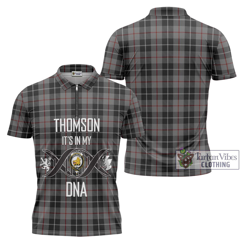 Thomson Grey Tartan Zipper Polo Shirt with Family Crest DNA In Me Style Unisex - Tartanvibesclothing Shop