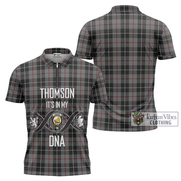 Thomson Grey Tartan Zipper Polo Shirt with Family Crest DNA In Me Style