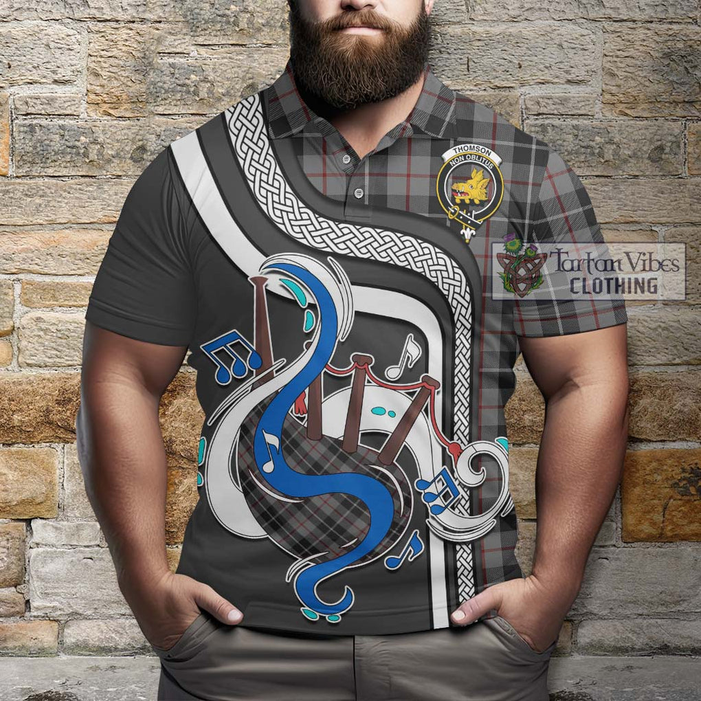 Tartan Vibes Clothing Thomson Grey Tartan Polo Shirt with Epic Bagpipe Style