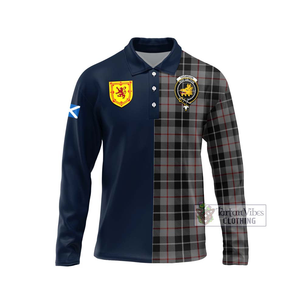 Tartan Vibes Clothing Thomson Grey Tartan Long Sleeve Polo Shirt with Scottish Lion Royal Arm Half Style