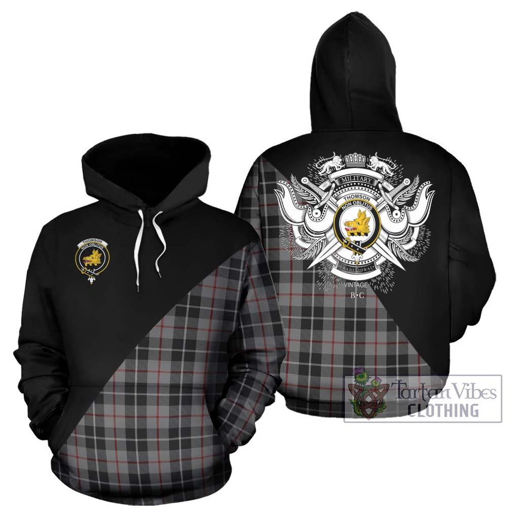 Thomson Grey Tartan Hoodie with Family Crest and Military Logo Style Zip Hoodie - Tartanvibesclothing Shop