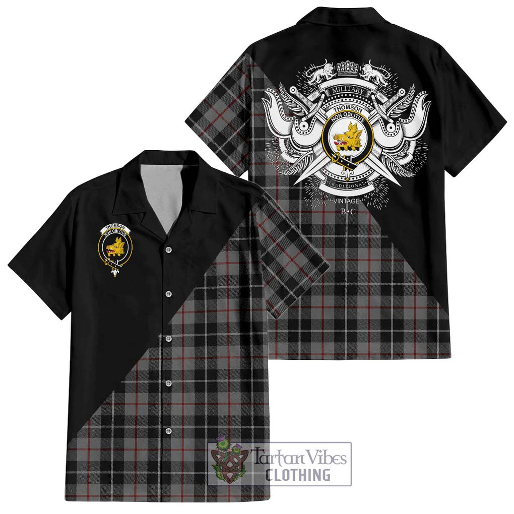 Thomson Grey Tartan Short Sleeve Button Shirt with Family Crest and Military Logo Style Kid - Tartanvibesclothing Shop