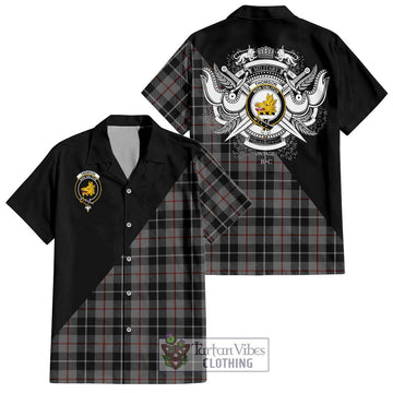 Thomson Grey Tartan Short Sleeve Button Shirt with Family Crest and Military Logo Style