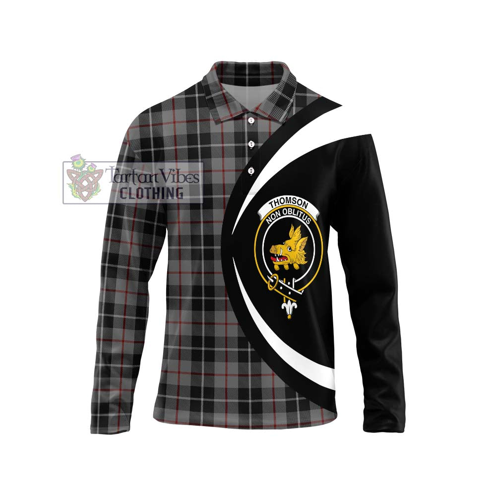 Thomson Grey Tartan Long Sleeve Polo Shirt with Family Crest Circle Style Unisex - Tartan Vibes Clothing