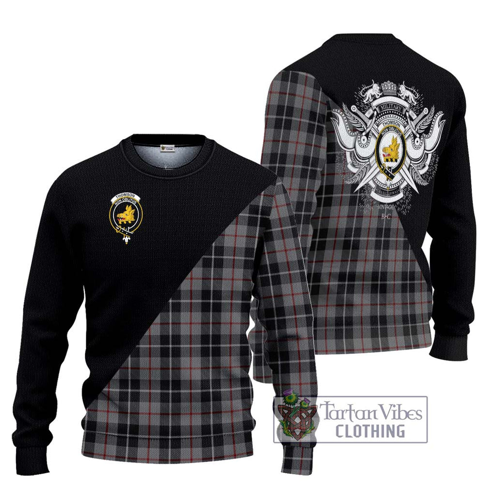 Thomson Grey Tartan Knitted Sweater with Family Crest and Military Logo Style Unisex - Tartanvibesclothing Shop