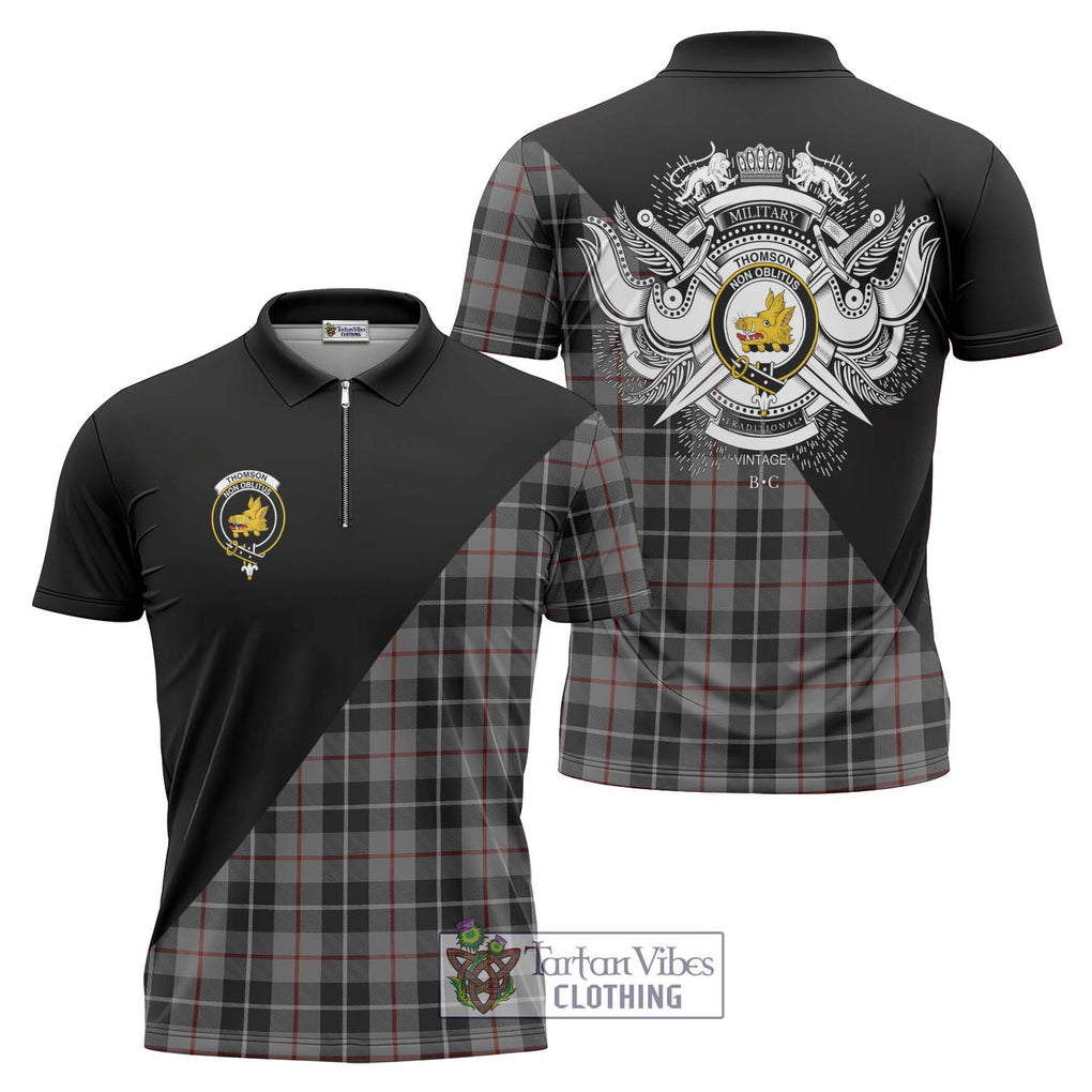 Thomson Grey Tartan Zipper Polo Shirt with Family Crest and Military Logo Style Unisex - Tartanvibesclothing Shop