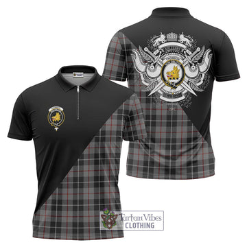 Thomson Grey Tartan Zipper Polo Shirt with Family Crest and Military Logo Style