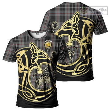 Thomson Grey Tartan T-Shirt with Family Crest Celtic Wolf Style