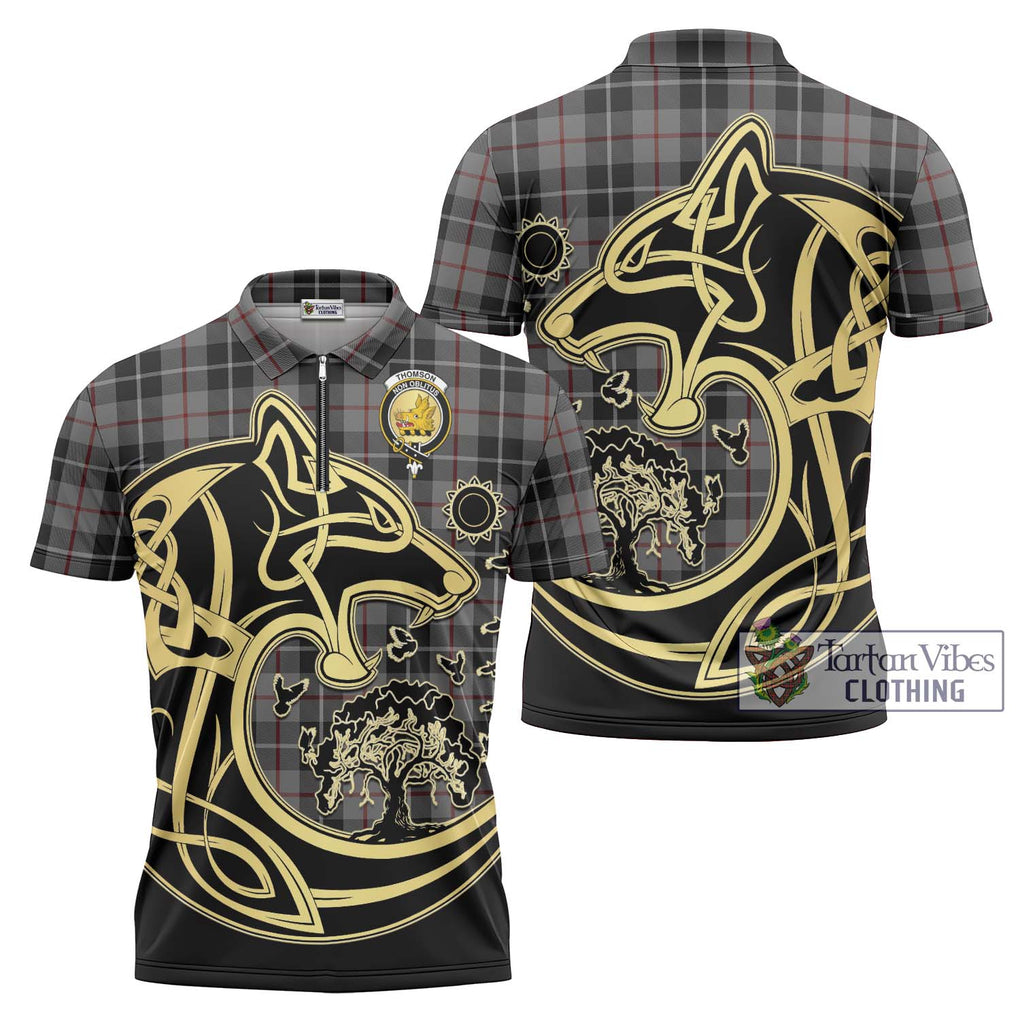 Thomson Grey Tartan Zipper Polo Shirt with Family Crest Celtic Wolf Style Unisex - Tartanvibesclothing Shop