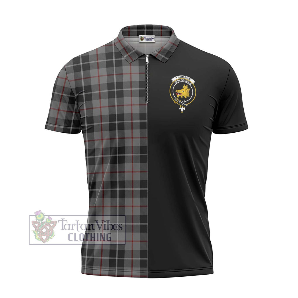 Thomson Grey Tartan Zipper Polo Shirt with Family Crest and Half Of Me Style - Tartanvibesclothing Shop