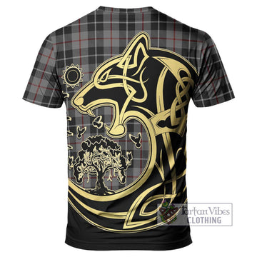 Thomson Grey Tartan T-Shirt with Family Crest Celtic Wolf Style