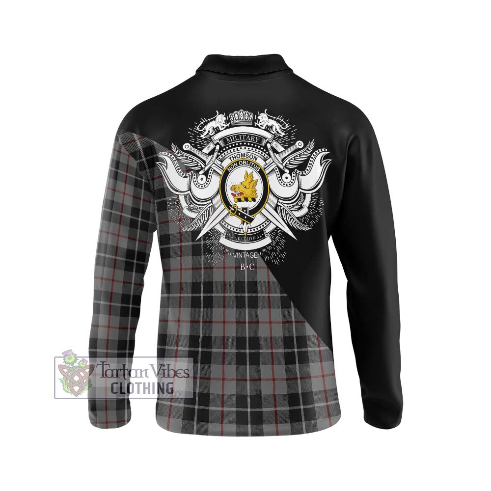 Thomson Grey Tartan Long Sleeve Polo Shirt with Family Crest and Military Logo Style - Tartanvibesclothing Shop