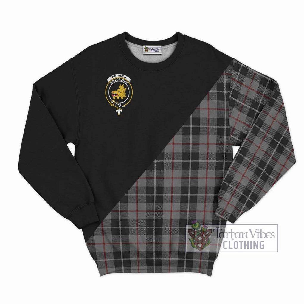 Thomson Grey Tartan Sweatshirt with Family Crest and Military Logo Style - Tartanvibesclothing Shop