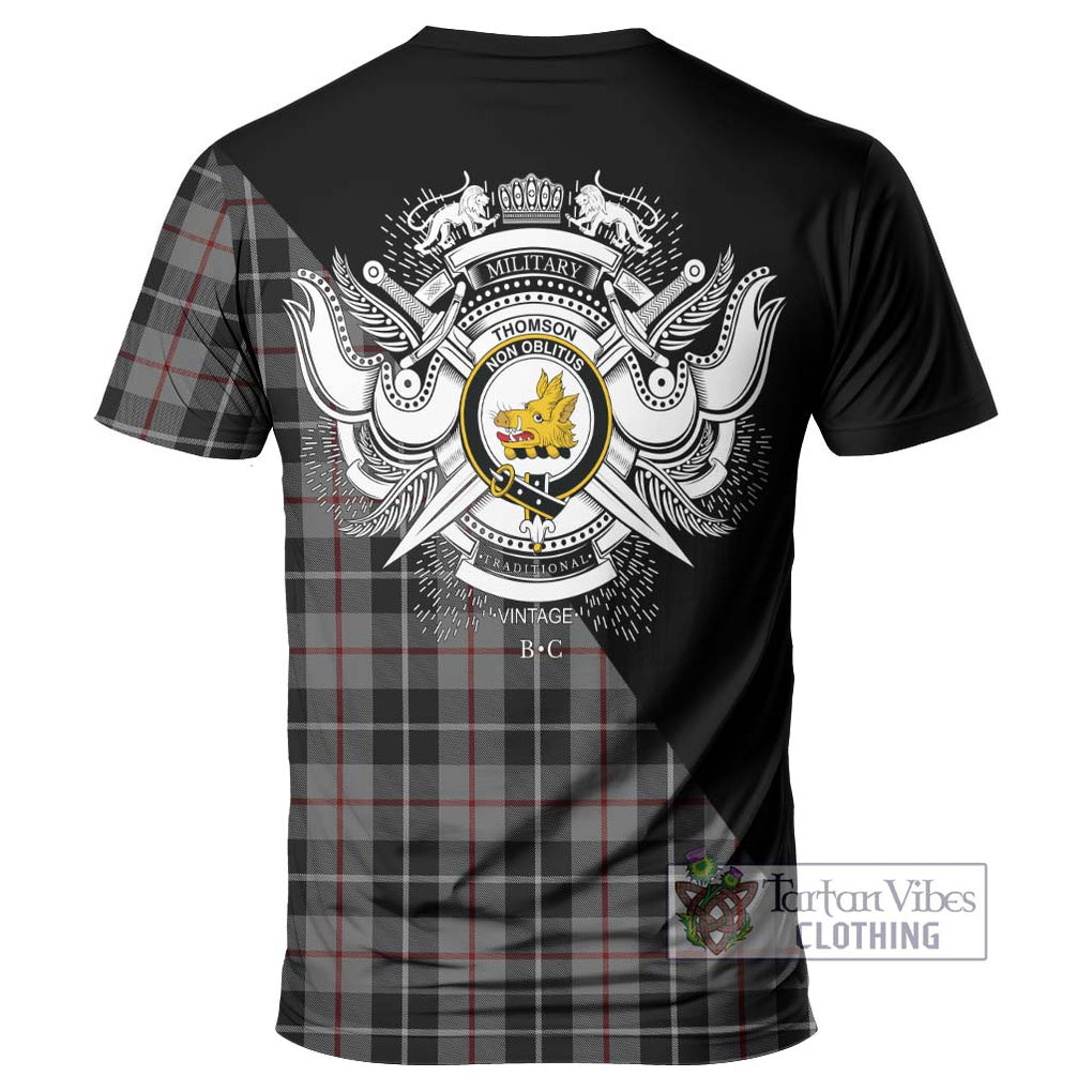 Thomson Grey Tartan T-Shirt with Family Crest and Military Logo Style - Tartanvibesclothing Shop