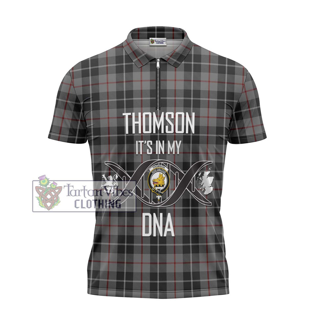 Thomson Grey Tartan Zipper Polo Shirt with Family Crest DNA In Me Style - Tartanvibesclothing Shop