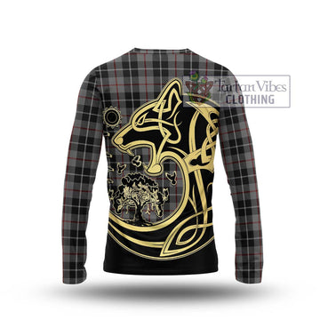 Thomson Grey Tartan Long Sleeve T-Shirt with Family Crest Celtic Wolf Style