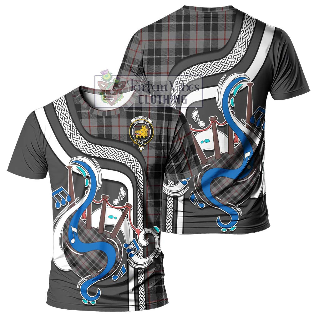 Thomson Grey Tartan T-Shirt with Epic Bagpipe Style - Tartanvibesclothing Shop