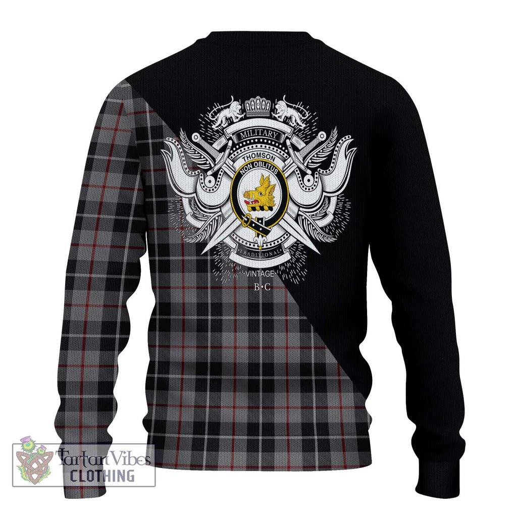 Thomson Grey Tartan Knitted Sweater with Family Crest and Military Logo Style - Tartanvibesclothing Shop